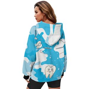 Felpa con Cappuccio Oversize in Pile con Stampa Cartoon di Denti, Tema Dentale, Pullover Casual da Donna per Dentisti e Amanti della Odontoiatria - Product Image 4