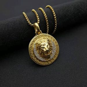 Collier pendentif tête de lion en acier inoxydable plaqué or avec strass pour homme, bijoux de fête hip hop - Product Image 2