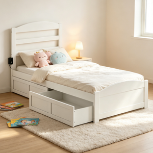 <span class=keywords><strong>Letto</strong></span> <span class=keywords><strong>singolo</strong></span> a piattaforma basso bianco con 2 cassetti contenitore, in legno massello di pino, con <span class=keywords><strong>testiera</strong></span>, moderno, per cameretta bambini - Product Image 4