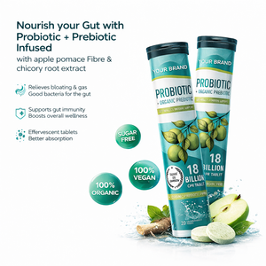 Comprimés effervescents probiotiques et prébiotiques à marque privée – Formule avancée pour la santé intestinale avec saveur pomme verte - Product Image 1