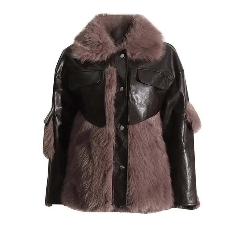 OULAIYADI European American Ladies Jackets And Coats New Winter Design Leather Splicing Loose With Fur Jacket
