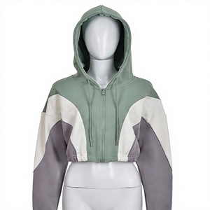 Sweat-shirt court en tricot à capuche color block pour femme, avec fermeture éclair et épaules tombantes, style décontracté automne - Product Image 6