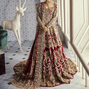 Hermosa nupcial tradicional indio/pakistaní elegante acetato hasta el suelo vestido Trail pesado Zardozi bordado Lehenga Choli - Product Image 6