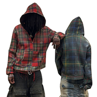 YSJY Vente en gros Veste à fermeture éclair personnalisée en coton épais, effet délavé, tricot gaufré, à carreaux, en flanelle, avec capuche pour homme