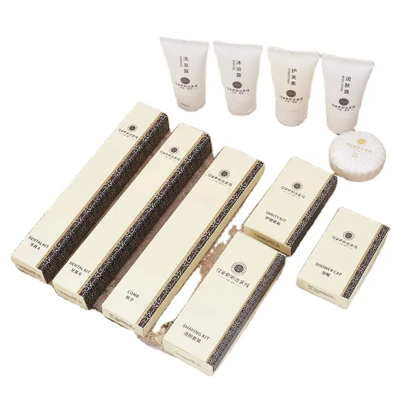 Fournitures d'accueil cinq étoiles personnalisées Ensembles de commodités de salle de bains d'hôtel Kit de shampoing, de savon jetable et d'articles de toilette