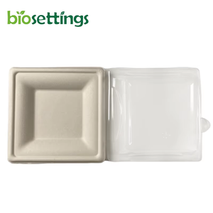 Plateau carré compostable en bagasse de 10 pouces, jetable, écologique, personnalisable avec logo couleur, avec couvercle en PET, à emporter - Product Image 1