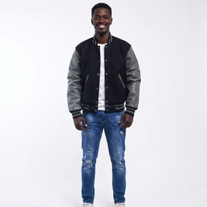 Custom College Bomber Jacket Black Wool Body with Gray Sleeves Faux <b>Leather</b> Snap CollegeBaseballjacket for men - Product Image 1