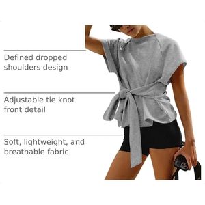 Womens Short Sleeve Crop Top <b>Tie</b> Front Wrap Crew Neck Casual Sweatshirt Solid Color Regular Fit Lightweight Comfortable - Product Image 4