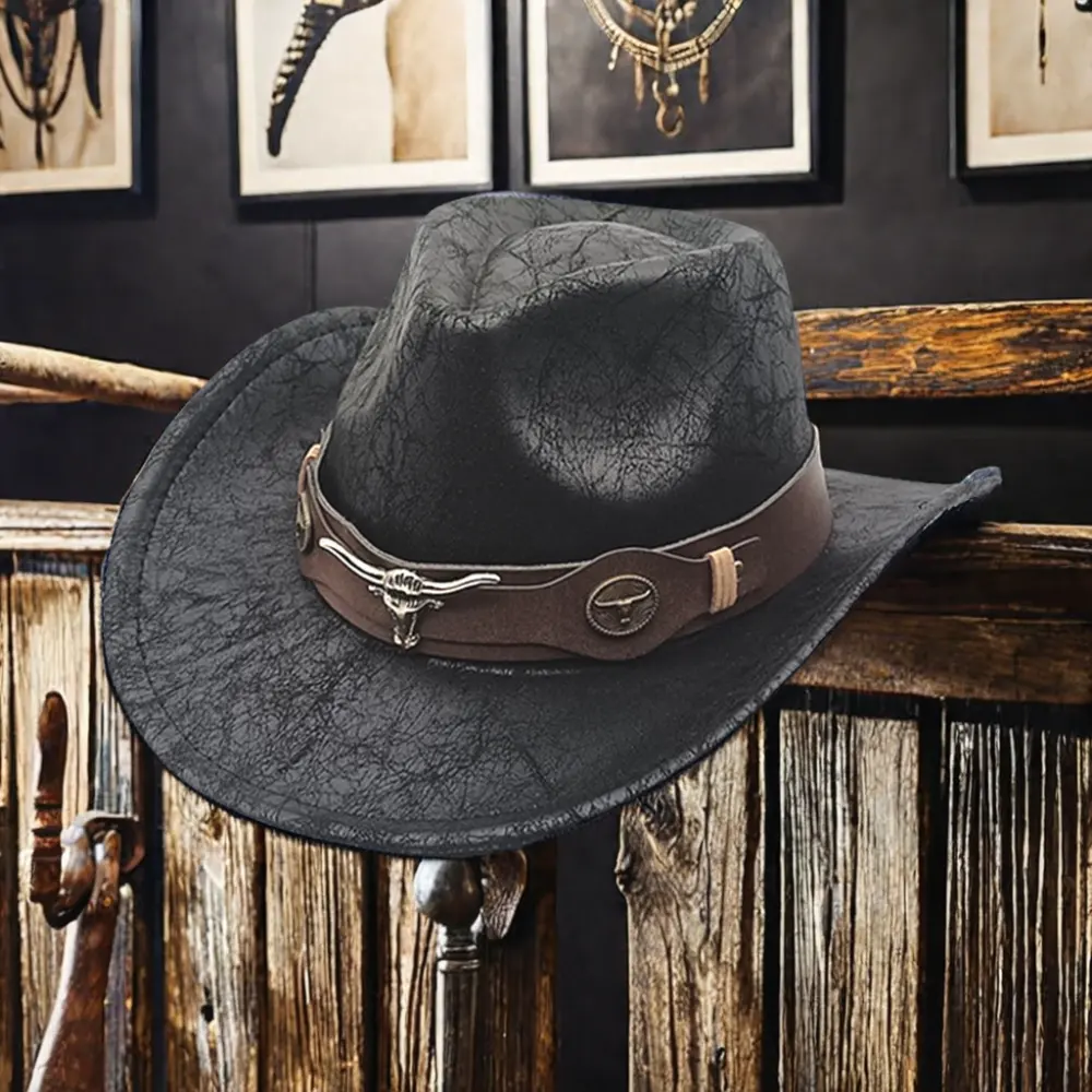 Chapeau de cowboy western de couleur unie avec bord surélevé cerf cuir velours Jazz chapeau haut de forme tête de vache ceinture-pour les fêtes et la plage