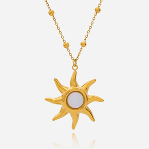 Sun Pendant <b>Necklace</b> 18K Gold Plated <b>Opal</b> Inlay Star Shape Beaded Chain Everyday Wear - Product Image 1