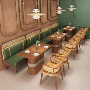 Banqueta de Cuero Verde Bosque con Respaldo de Ratán, Estilo Tropical Chic, Juego de Muebles de Comedor para Restaurante, Juego de Asientos Circulares - Product Image 3