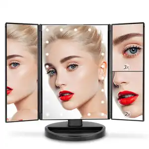 New 2023 Electric Light Up Led Lighted Travel Mirror Desktop Magnified Tri-folded Makeup Vanity Led Mirror Smart With Lights