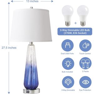 Table <b>Lamps</b> Set Of 2 Modern Glass <b>Bedside</b> <b>Lamp</b> With USB Ports <b>Touch</b> Control Dimmable Nightstand <b>Lamp</b> For Bedroom - Product Image 3