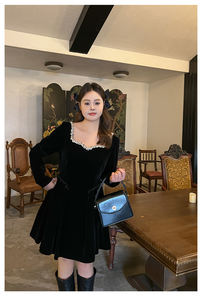 Elegante abito Midi Gala <span class=keywords><strong>taglie</strong></span> forti stile francese con collo quadrato Splicing catena di diamanti abito da principessa sinuoso Vestido Corte Princesa - Product Image 3