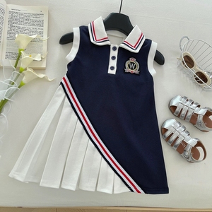 Elegante Vestito con Fiocco Blu Navy e Bianco per Bambine, Design Principessa, Gonna Estiva per Bambini 2026 - Product Image 3