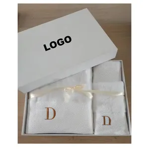 Custom logo White 100% Cotton Bath Face Hand Dobby bathing Towels gift set cheap hotel towel toallas cotton towel with gift box