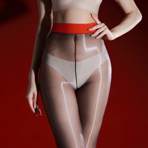 High Waisted Thigh High Stockings Ultra Thin Transparent Glossy Red Waistband For Women Nightclub Wear - Product Image 1