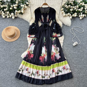 Abiti da Donna Stile Elegante con Stampa Floreale 3D, Maniche Lunghe e Orlo a Volant, Vestito Linea A alla Moda - Product Image 2