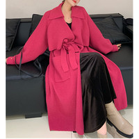 Dernier printemps automne hiver nouveauté mode dame col châle coupe ample poitrine ouverte longue ceinture manteau pull