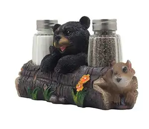 Decorative Black Bear and Squirrel Friend on Log Salt & Pepper Shaker Set Figurine Display Stand in Rustic Lodge Table Decor