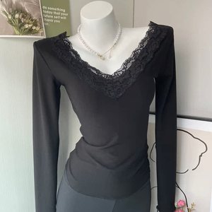BM femmes confortable <span class=keywords><strong>dentelle</strong></span> col en v à <span class=keywords><strong>manches</strong></span> <span class=keywords><strong>longues</strong></span> T-<span class=keywords><strong>Shirt</strong></span> couleur unie coupe ajustée extensible couche de base haut nouveau Style automne T-<span class=keywords><strong>Shirt</strong></span> - Product Image 3