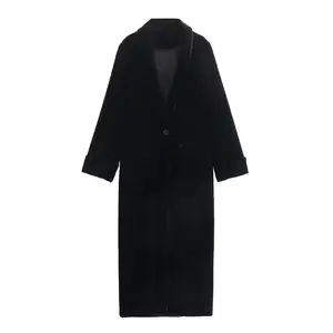 MYST&ZA Women's 2023 Winter New Casual Lapel Velvet Black Pocket Decorated Long Windbreaker Coat 9132995