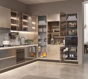 Gabinetes de Cocina Modernos y Lujosos Personalizados, Lacado Metálico Gris Dorado de Alto Brillo, MDF, Vidrio, Isla Abierta, Diseño Paralelo - Product Image 1