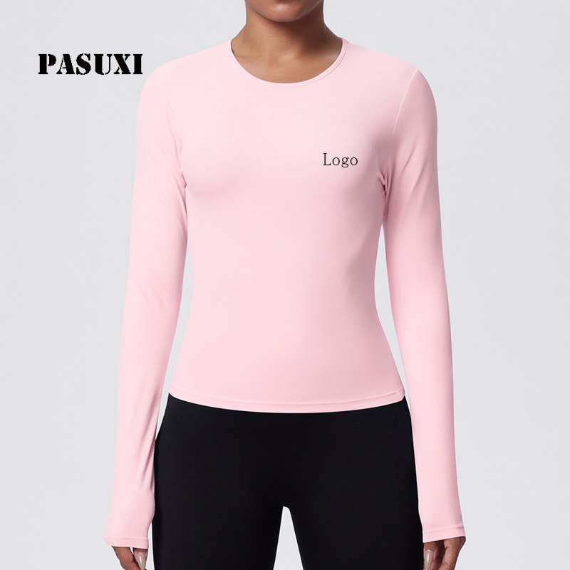 PASUXI Regular Fit Women's Sports T-Shirt Quick Dry Yoga Top Long Sleeve Breathable Workout Four-Way Stretch Front Print Gym Top