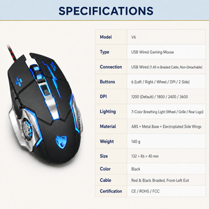 Souris de jeu filaire USB, 6 boutons, <span class=keywords><strong>3600</strong></span> DPI, lumière respirante 7 couleurs, base et ailes latérales en métal, OEM ODM, Plug and Play, CE ROHS FCC V6 - Product Image 4