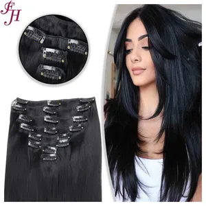 FH clip in hair extensions raw indian 100human hair jet black seamless clips ins straight hair extension