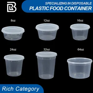 Ronde 8Oz 12Oz 16Oz 24Oz 32Oz Lekvrij Aangepast Logo Food Grade Plastic Pp Voedselcontainers Met Deksel