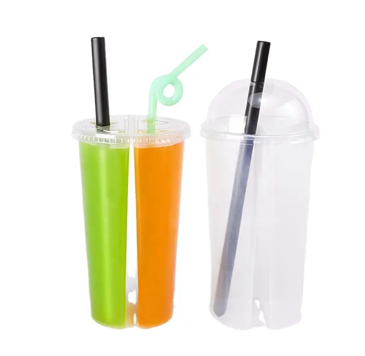 24oz Pp Plastic Cup Twins Split s Boba Tea Bubble Double Shared 2 Compartment With Lid Custom Logo Print