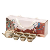 Set Teh Tanah Liat Kasar Oriental Vintage Dengan Nampan Drainase Persegi Panjang dan Teko Buatan Tangan Dengan 6 Cangkir