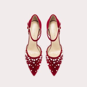 Eleganti <span class=keywords><strong>Tacchi</strong></span> da Sposa in Velluto Rosso Stile Francese <span class=keywords><strong>con</strong></span> <span class=keywords><strong>Cinturino</strong></span> alla Caviglia e Perle, Scarpe da Sposa Monofascia per Donne - Product Image 3