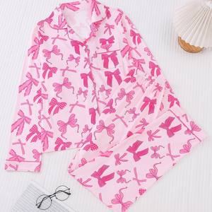 Conjunto de pijama cómodo para el hogar para mujer, manga larga, cuello vuelto, estampados variados, estilos de temporada para mujer - Product Image 3