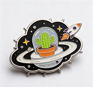 Pin de esmalte de cactus espacial, broche de metal cloisonné con diseño de cohete y planeta para ropa, bolsos y regalos - Product Image 4