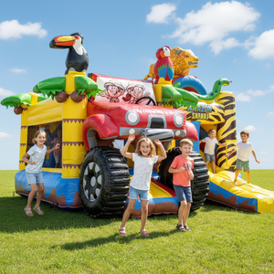 Casa de Brinco <span class=keywords><strong>Inflable</strong></span> con Tobogán, Diseño de Vehículo Todoterreno con Decoración de Animales, para Niños, Aventura en la Jungla - Product Image 1