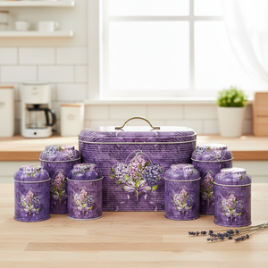 Kontensan 7 Pcs Round Tin <b>Box</b> Kitchen Set <b>with</b> Dome <b>Lid</b> and Purple Flower Design - Product Image 3