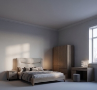 Ensemble de chambre à coucher moderne en bois avec lit rembourré, commode et tables de chevet – Mobilier de luxe pour villa et appartement