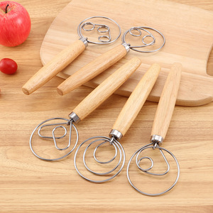Batidor de huevos con mango de madera, Mezclador de polvo de un solo rodillo, Mezclador de masa danesa, Batidor de huevos de acero inoxidable con espiral, Batidor de huevos de doble rodillo - Product Image 3