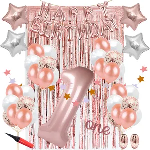 1ST fiesta de cumpleaños suministros Rosa oro fiesta decoraciones oro rosa confeti globos Banner, decoraciones de fiesta de cumpleaños conjunto