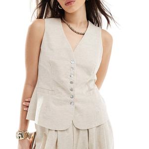 Conjunto de Dos Piezas de Lino Suave 100% Personalizado, Diseño de Fábrica, Alta Calidad, Pantalones Holgados de Lino para Mujer, Top Ajustado sin Mangas - Product Image 3