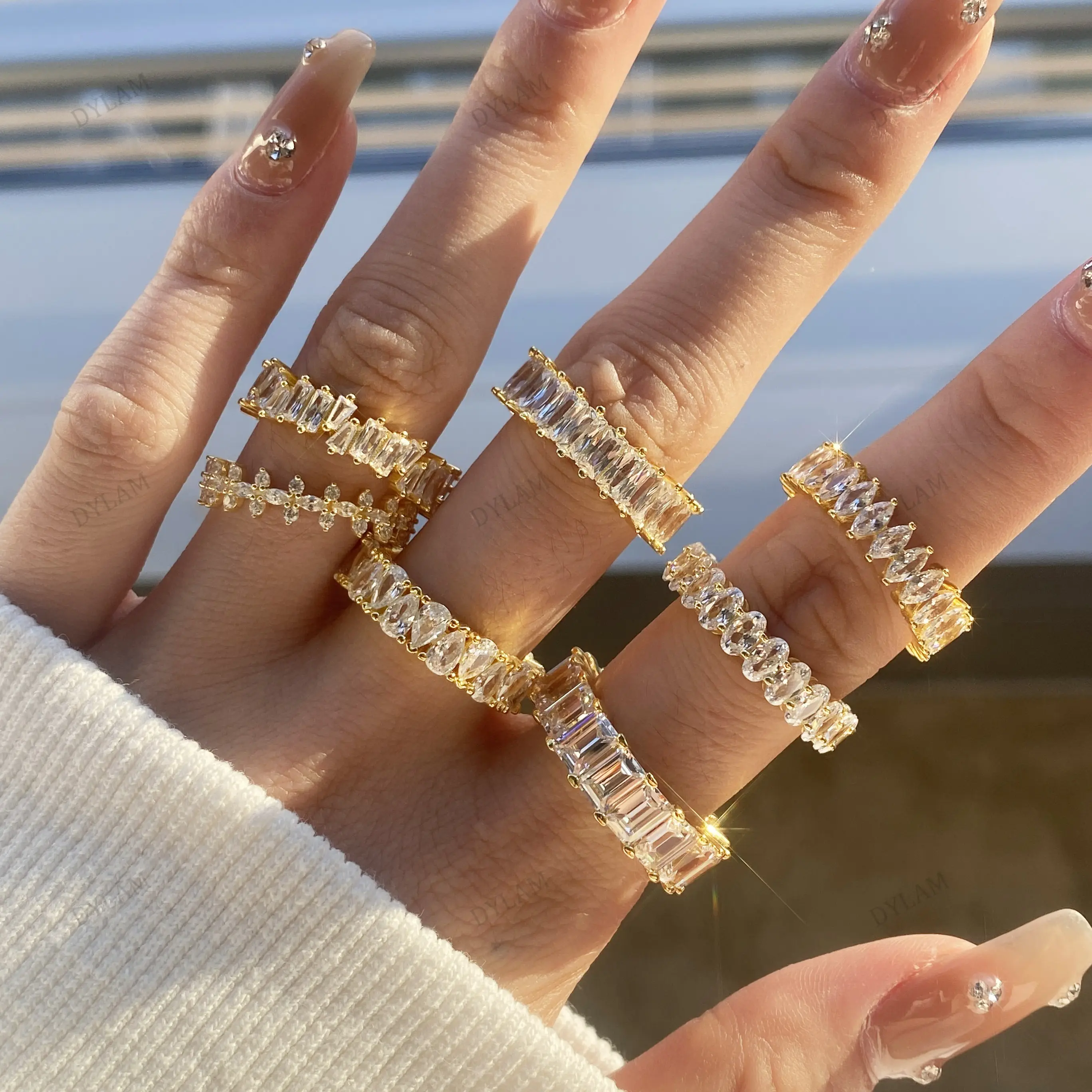 Plata de Ley 925 joyería circón eternidad banda diamante anillo de compromiso apilable 18K chapado en oro anillos de boda joyería Mujer