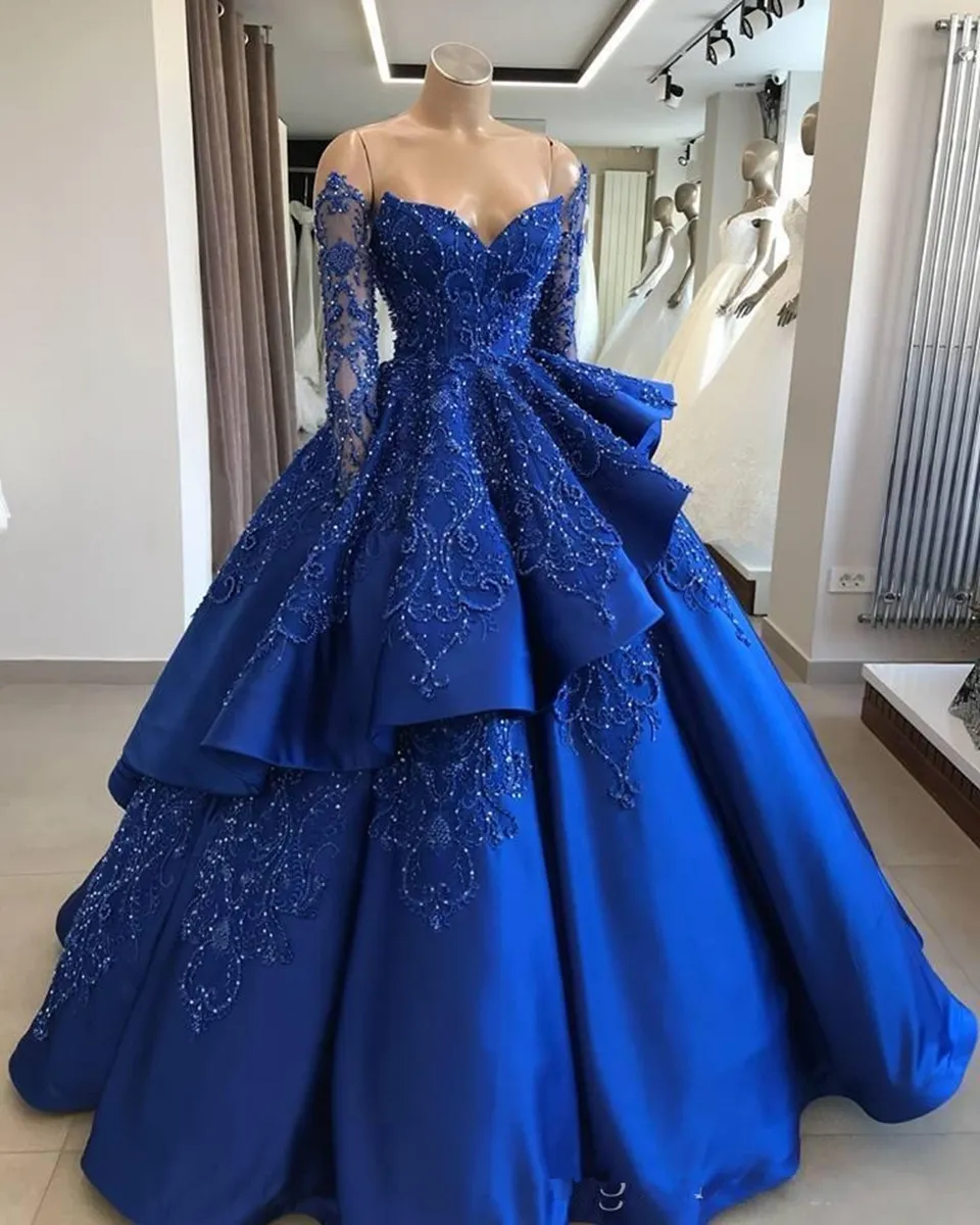 EV121 Royal Blue Ball Gown Formal Evening Dresses Luxury Robe De Soiree Sequins Satin Off Shoulder Prom Long Shiny Maxi Dress