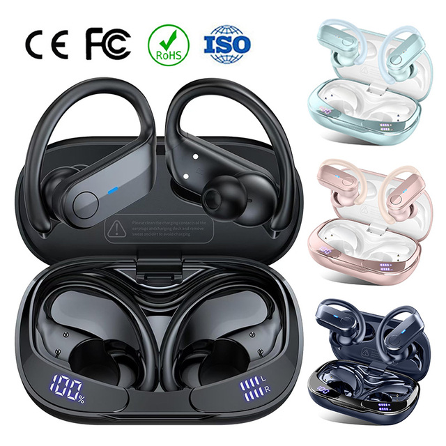 CE FCC Rohs T8 Bluetooth Earhook Earbuds ODM/OEM Support Deep Bass Noise Cancelling Mic Sport IPX7 Waterproof Wireless Earphones