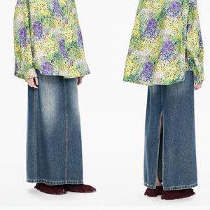 Jupe longue en jean bleu personnalisée pour femme, 100 % coton, taille haute, style vintage, délavée et déchirée, coupe ample - Product Image 4