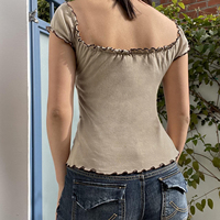 T-shirt à manches courtes en tricot carré, imprimé floral vintage, respirant, écologique, anti-boulochage, avec bord ondulé contrastant