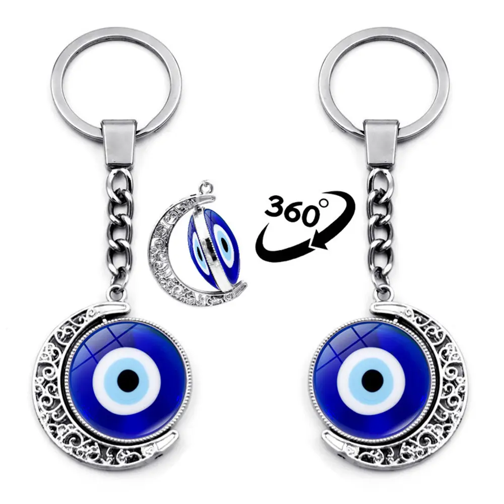 New Luxury Gift Double Sided Rotating Moon Pendant Metal Key Blue Turkey Evil Eye Keychain
