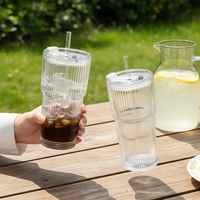 Mug à café en verre transparent à rayures verticales classiques de grande capacité de 600 ml, tasse à thé, lait, avec paille, couvercle ou manchon de mug