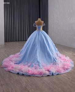 Blue and Pink <strong>Ombre</strong> Off-Shoulder Quinceanera <strong>Dress</strong> with Rhinestone Embellished Corset Ruffled Tulle Skirt and Train Prom <strong>Dress</strong> - Product Image 3